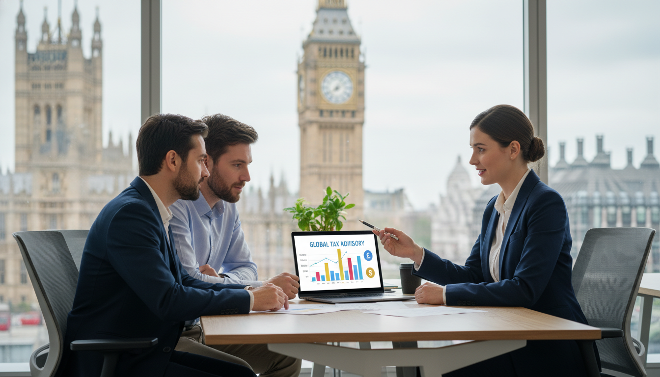 A professional tax advisor in a modern London office pointing at a laptop screen showing financial charts to an expat couple, with the Big Ben visible through the window in a soft blur.