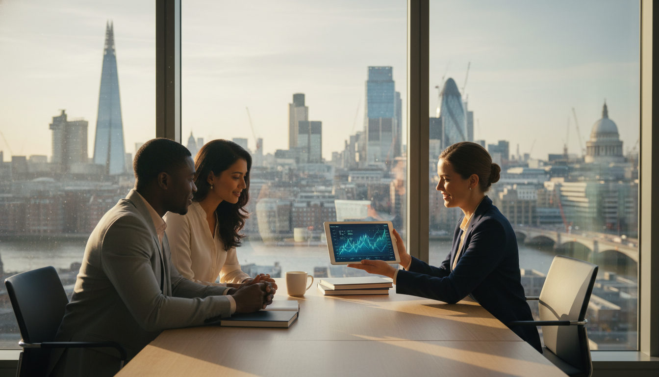 A professional financial advisor sitting with a diverse couple in a modern London office overlooking the Thames, with digital charts on a tablet and a view of the City skyline in the background, warm natural light, professional photography style.