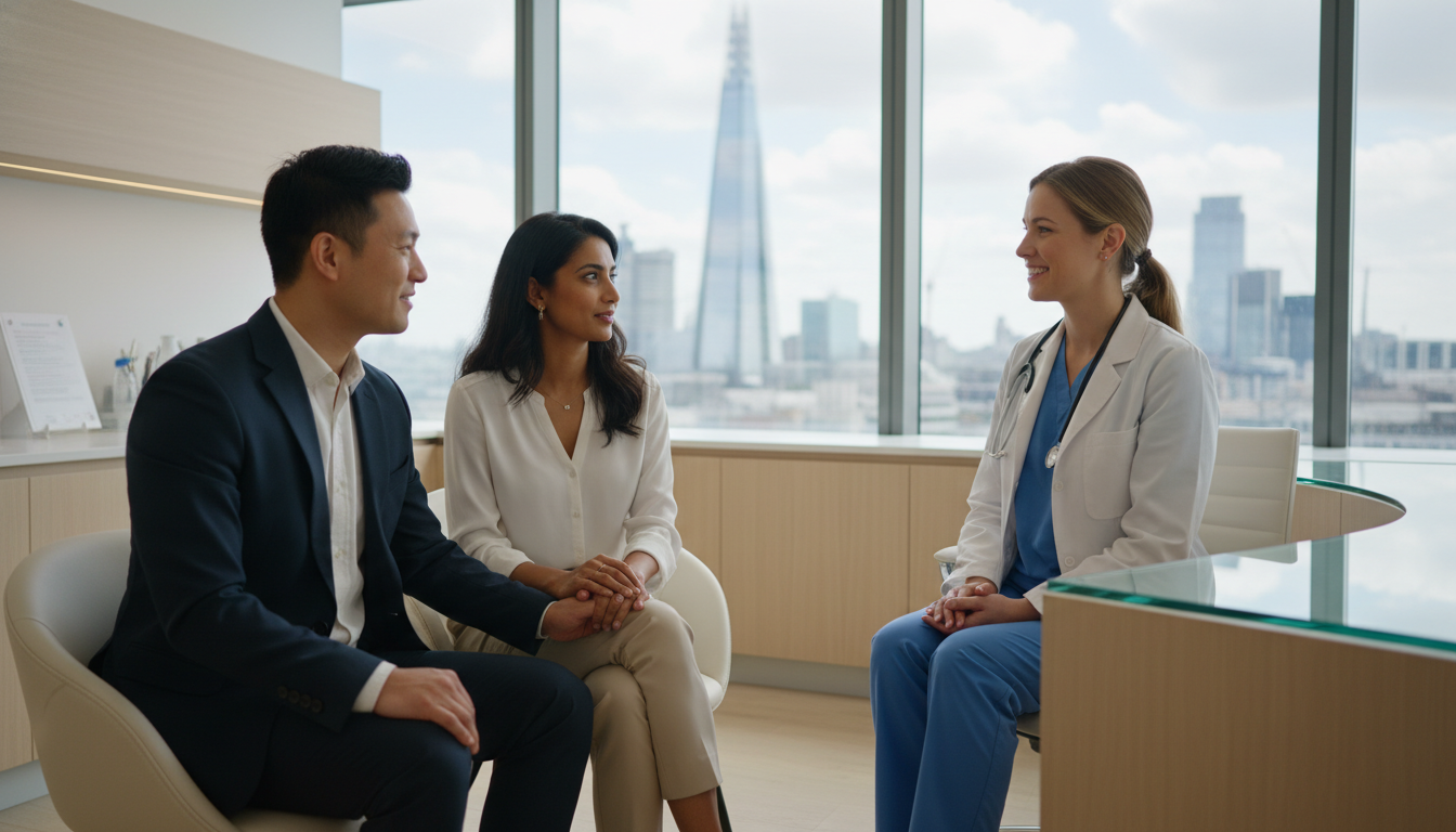 A professional doctor in a modern UK private clinic consulting with a diverse expatriate couple, bright and airy medical office with a view of London skyline in the background, high-quality photography, soft natural lighting