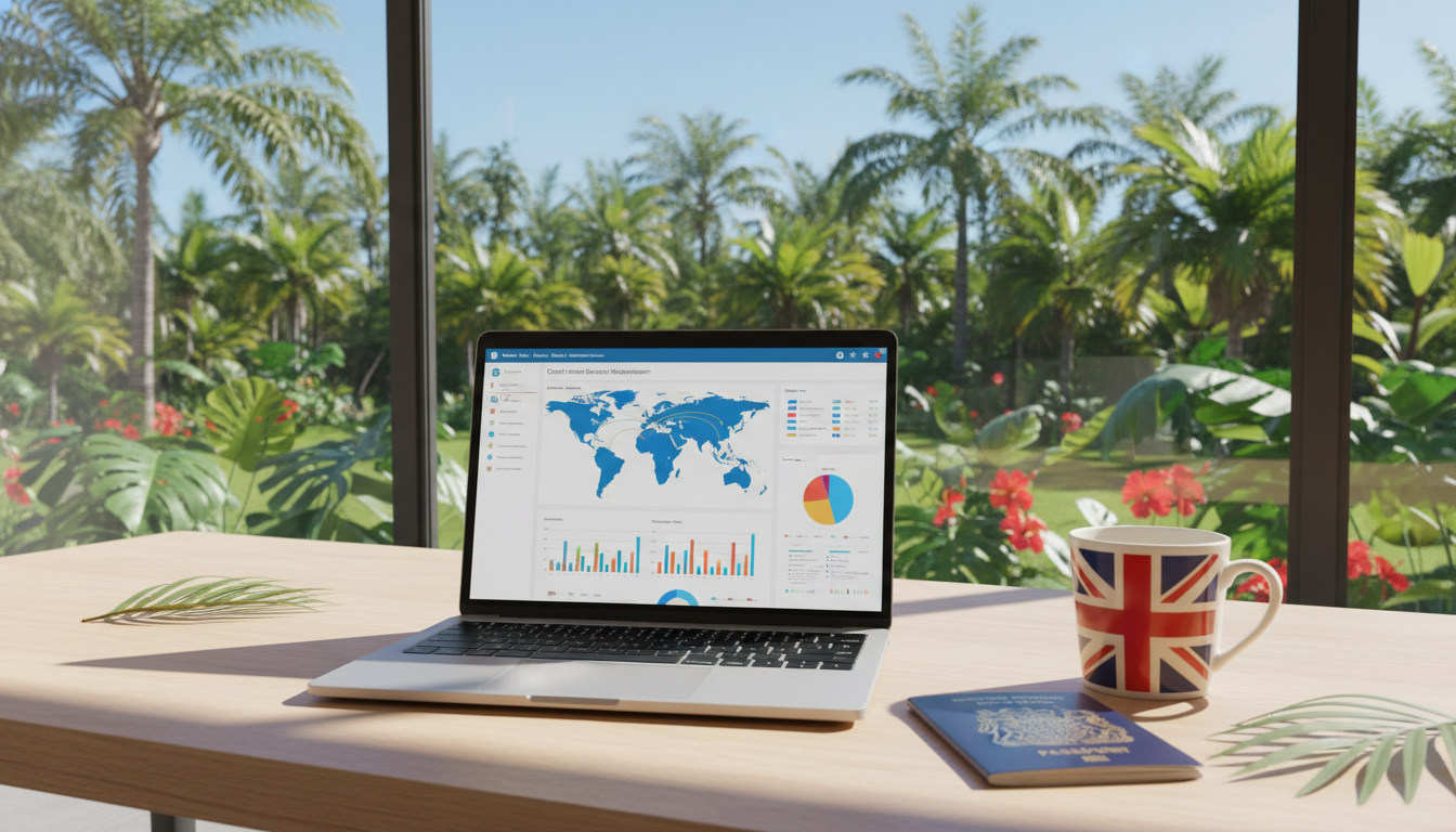 A high-resolution photo of a modern, sunlit home office desk belonging to a British expat; a sleek laptop displays a colorful CRM dashboard with global maps and sales charts, next to a classic ceramic Union Jack mug and a passport, with a tropical garden visible through the window in the background.