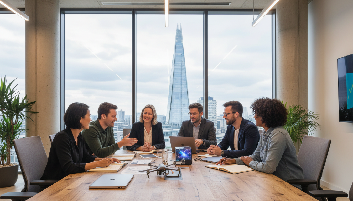 A professional modern office space in London with a diverse group of entrepreneurs discussing business plans around a wooden table, view of the Shard in the background, soft daylight.