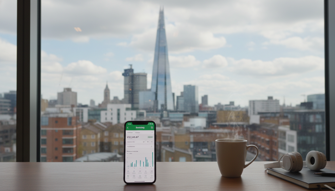 A high-quality photo of a modern office window in London overlooking the Shard, with a smartphone displaying a banking app next to a cup of coffee on a wooden desk.