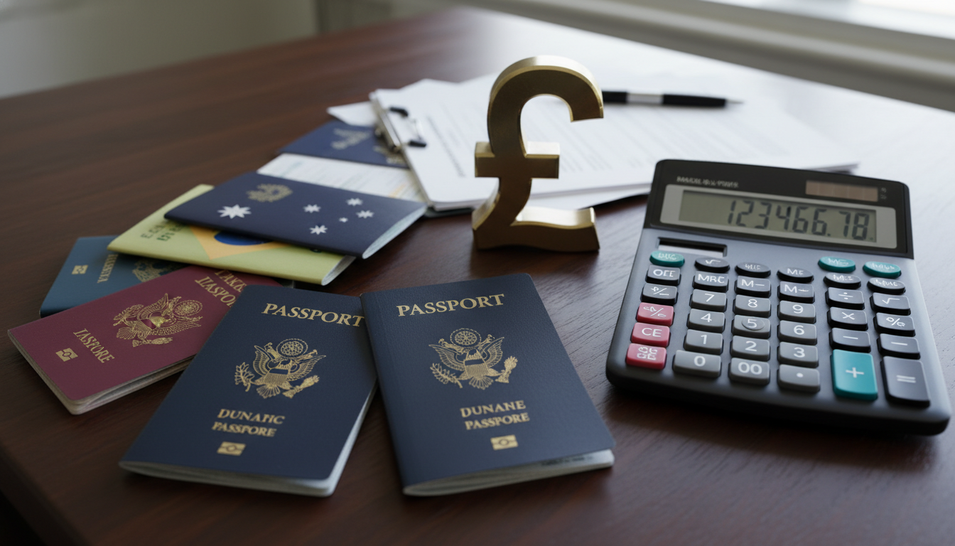 A high-quality image showing a variety of international passports spread across a wooden table next to a British pound sterling sign and a calculator, representing global tax compliance.