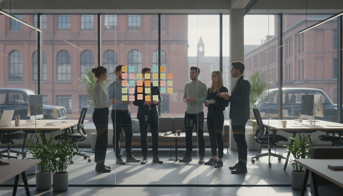 A wide-angle shot of a modern, glass-walled co-working space in Manchester, showing a diverse group of young professionals engaged in a brainstorming session with post-it notes on a glass wall, soft natural lighting, cinematic style.