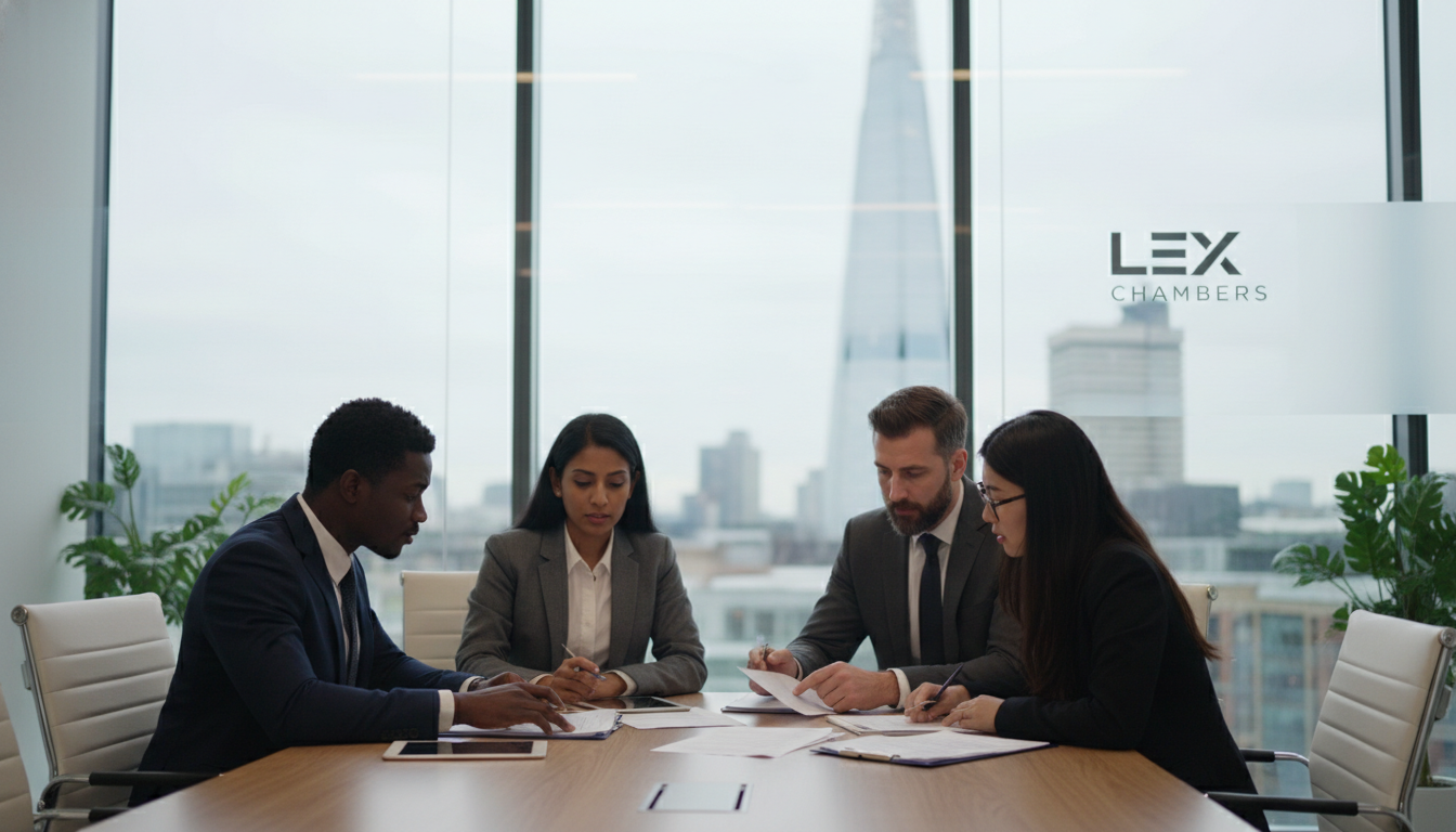 A professional legal consultation in a modern glass-walled office in London, featuring a diverse group of professionals looking at documents with the Shard or Big Ben visible through the window in a soft focus background.