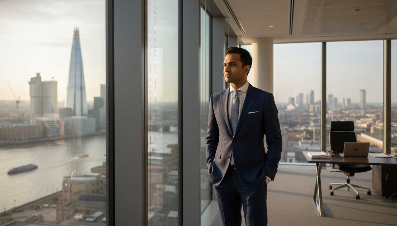 A professional expat entrepreneur in a sharp navy suit standing by a floor-to-ceiling window in a Canary Wharf office, looking out at the Thames and the London skyline, cinematic lighting, photorealistic, high resolution