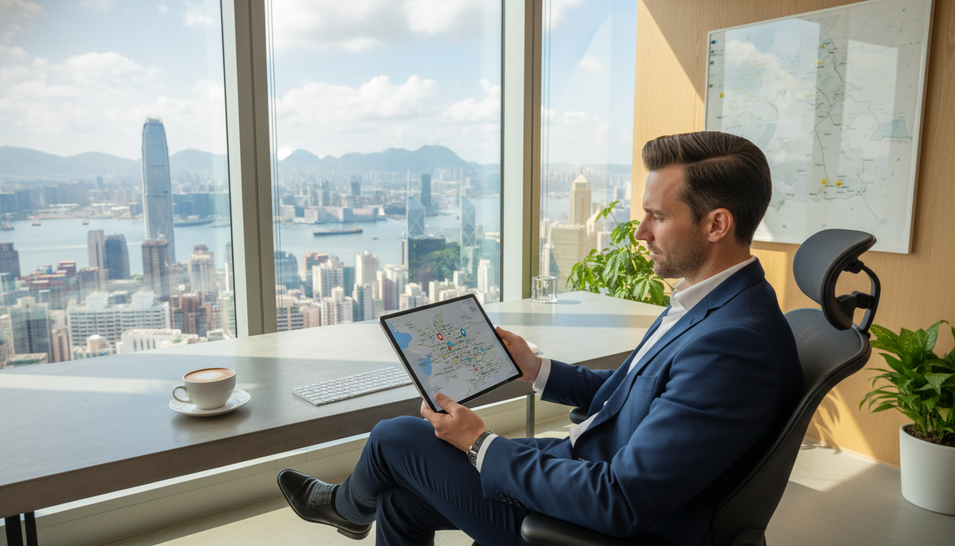 A professional expat sitting in a bright, modern office in a skyscraper, looking at a digital map of the United Kingdom on a tablet, with a cup of coffee and a view of a global city like Hong Kong or New York through the window.