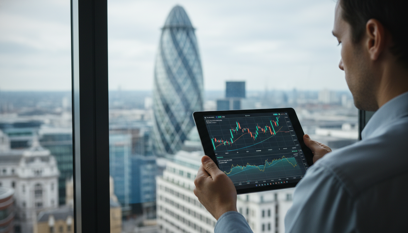 A professional over-the-shoulder shot of a person looking at a digital tablet displaying UK stock market graphs with the London skyline and the Gherkin building visible through a clean office window in the background, soft natural lighting, high-resolution architectural photography style.