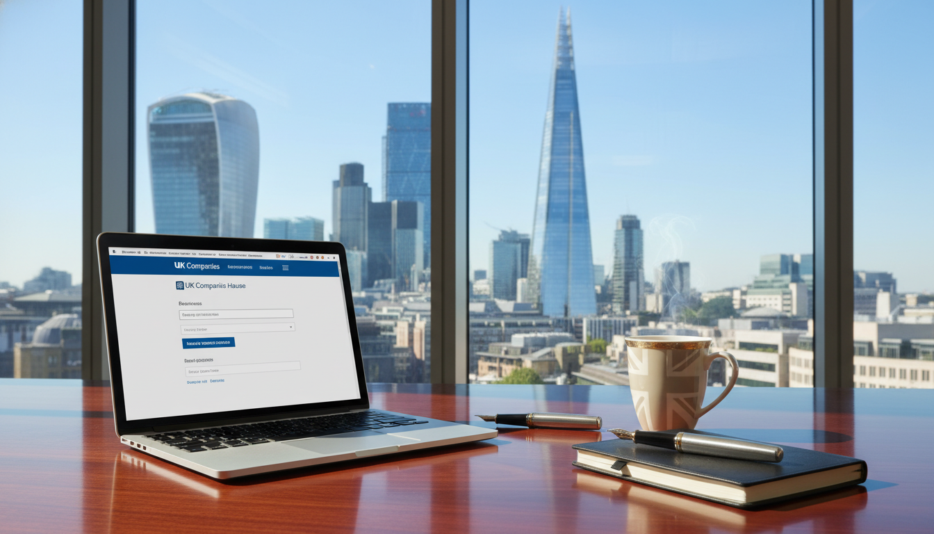A high-quality professional photograph of a modern mahogany desk in a bright London office. On the desk sits a sleek silver laptop displaying the UK Companies House registration portal, a luxury fountain pen, a ceramic mug of English breakfast tea, and a leather-bound notebook. In the background, through a large glass window, the iconic skyline of the City of London including the Gherkin and the Shard is visible under a clear blue sky.