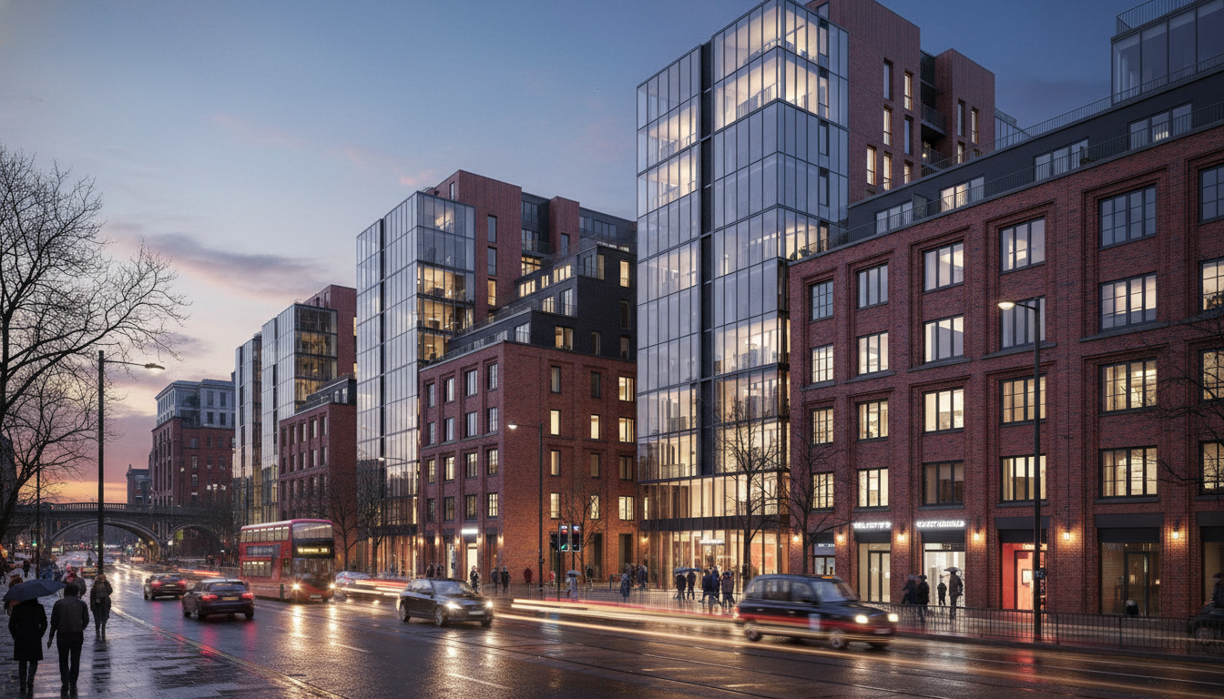 A high-quality architectural visualization of a modern residential development in a vibrant UK city like Manchester, featuring a mix of red-brick heritage style and sleek glass windows, with a bustling street scene at dusk and warm interior lights.